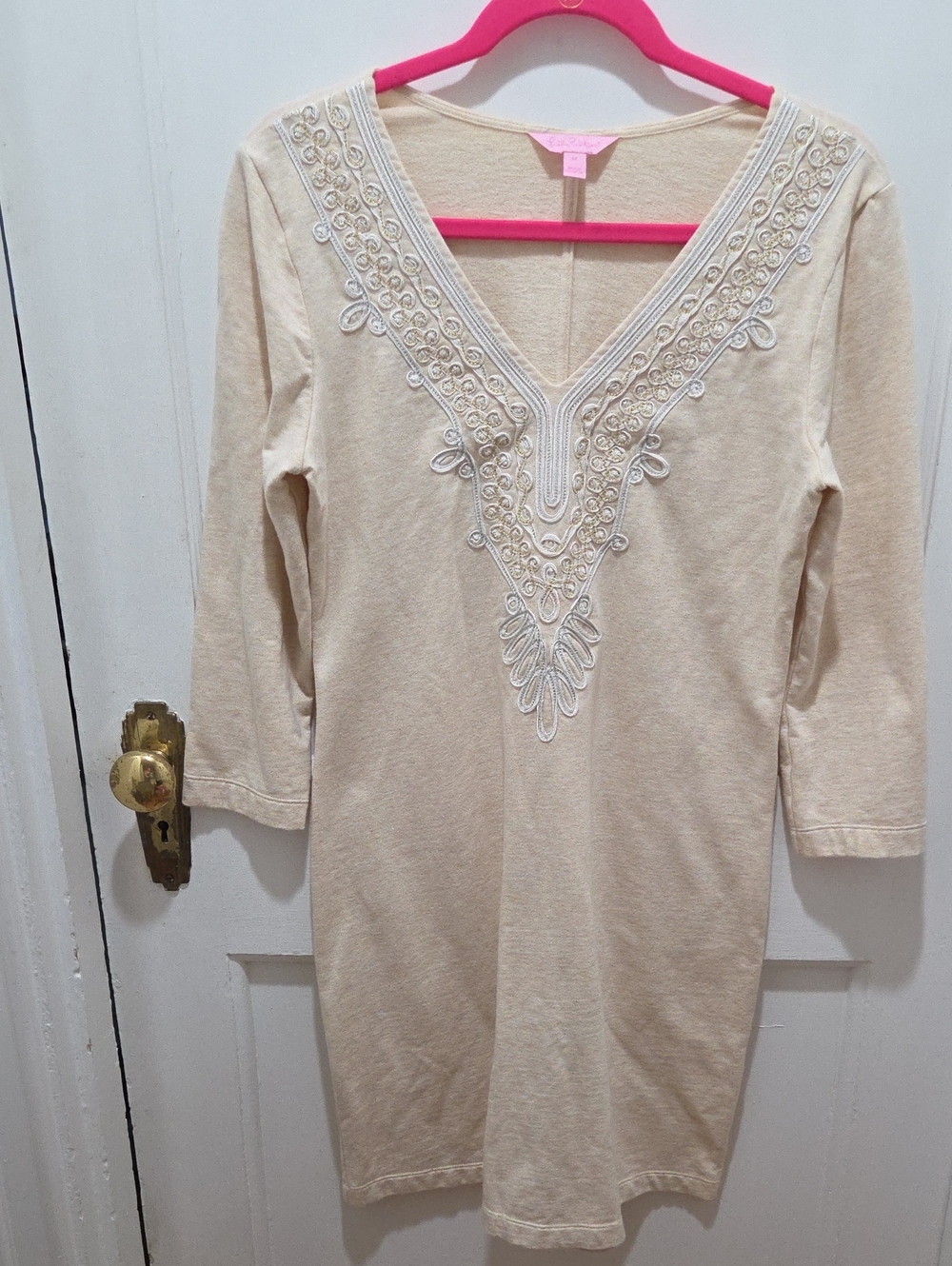 Lilly Pulitzer Cream Embroidered V-Neck Top with Pink Tag